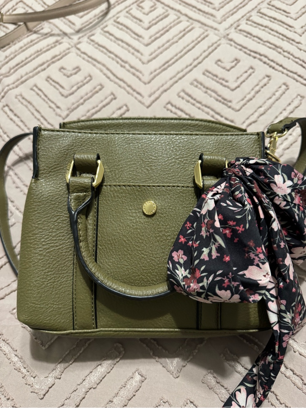 Steve Madden Olive Green Structured Satchel with Floral Scarf Accent